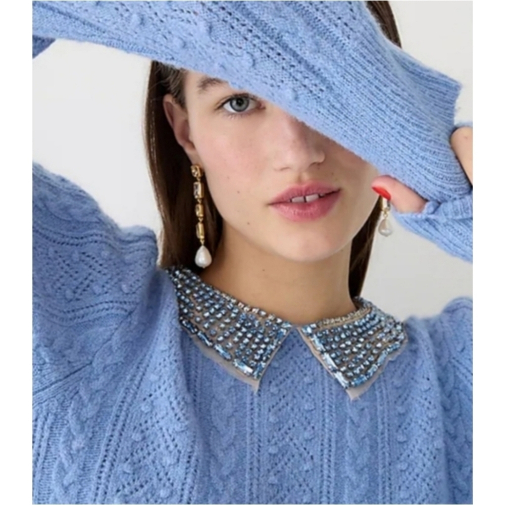 J.Crew Pointelle Cable-Knit Crewneck with Beaded Collar